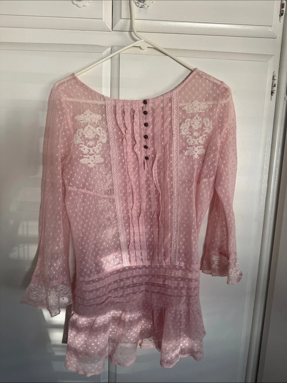 Free People Pink Sheer Lace Peasant Blouse